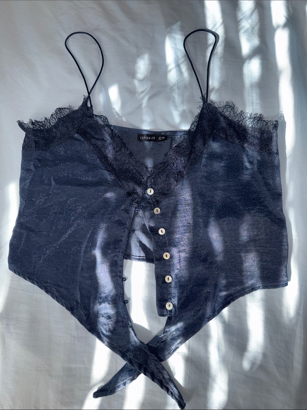 Cotton On Navy Lace-Trim Button Front Tie Tank